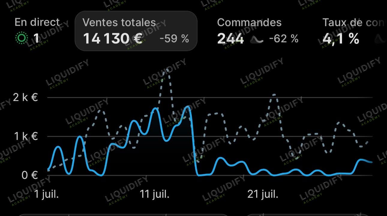 Tableau de bord Shopify affichant 14 130 euros de ventes