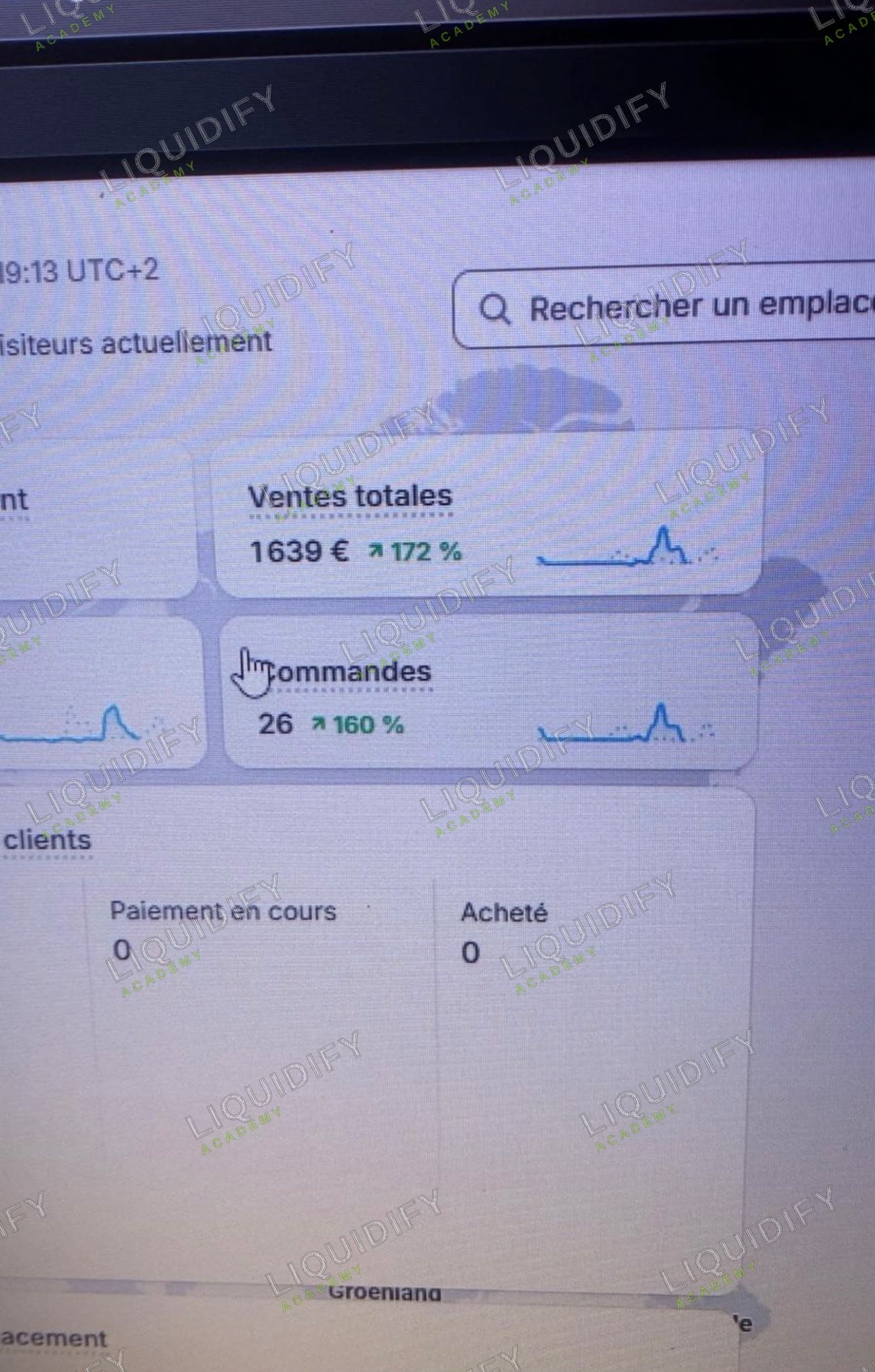 Analyse Shopify affichant 1 639 euros et 26 commandes