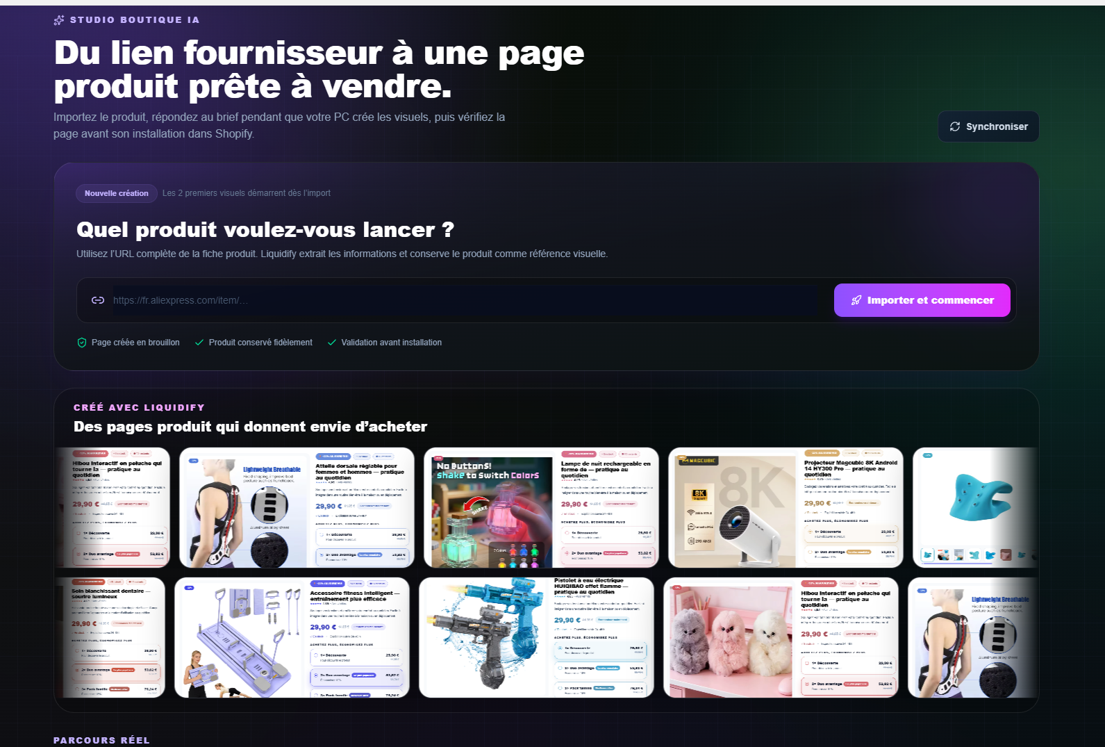 Interface Liquidify de préparation d’une page produit Shopify